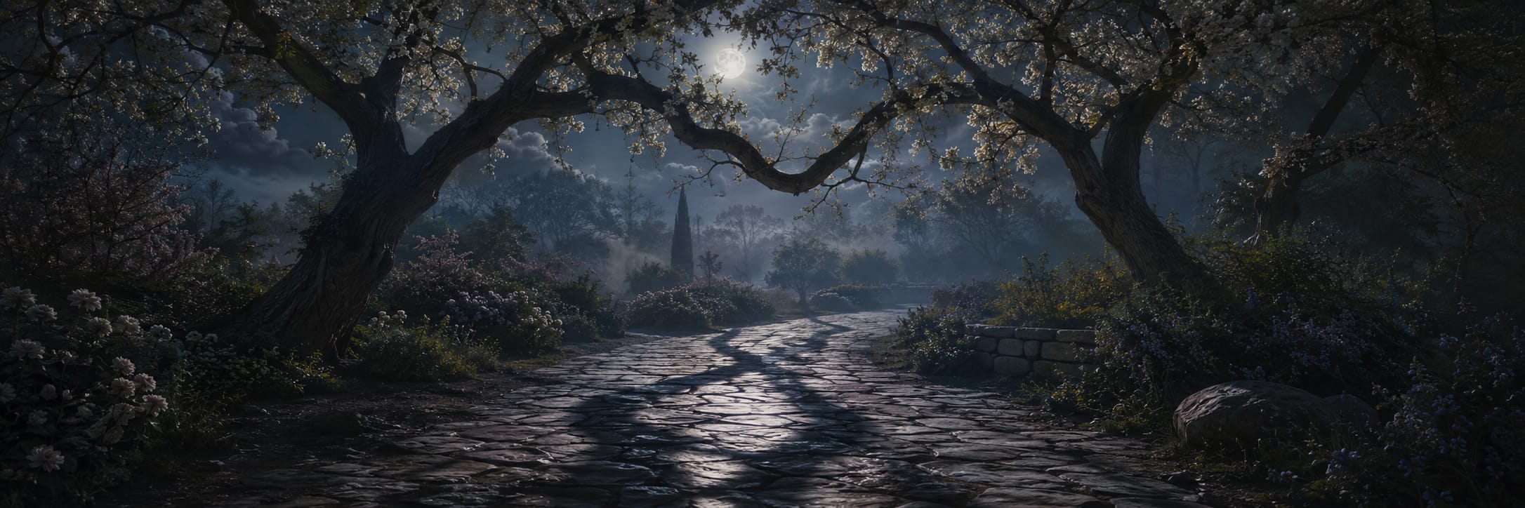 A curved stone path winds through a garden with arching trees overhead and flowers lining the edges.