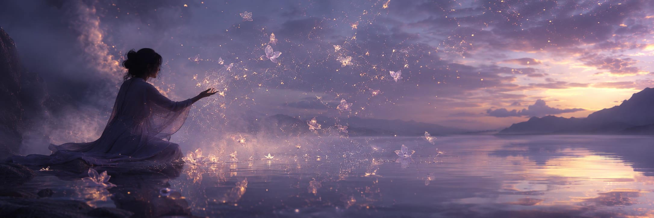 Woman sitting by a lake at dusk with glowing butterflies swirling around her in a misty, peaceful scene.
