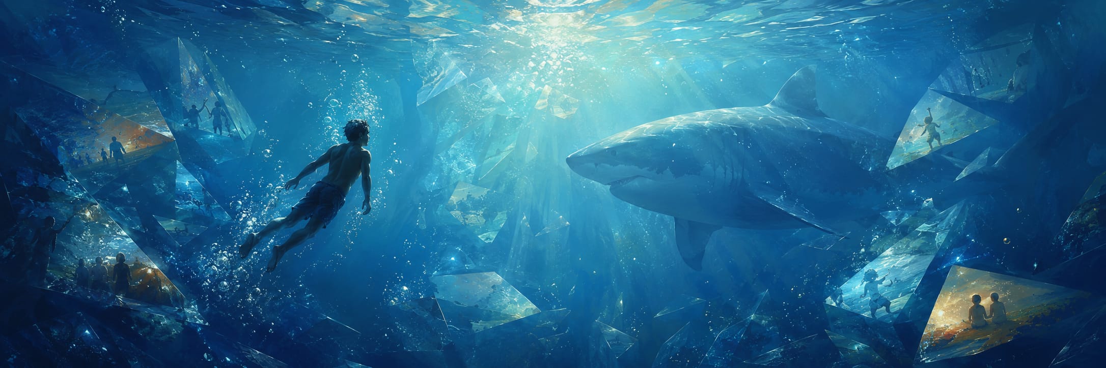 A person swims underwater toward a large shark as swirling glass shards create a chaotic scene.