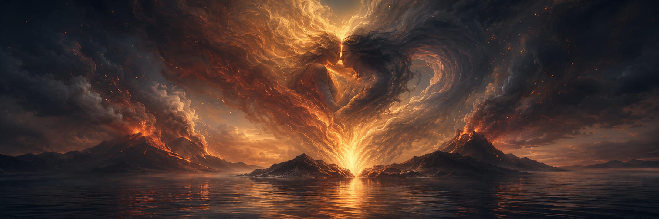 A fiery figure rises from volcanic chaos as smoke and flames reflect off a calm mountain lake.