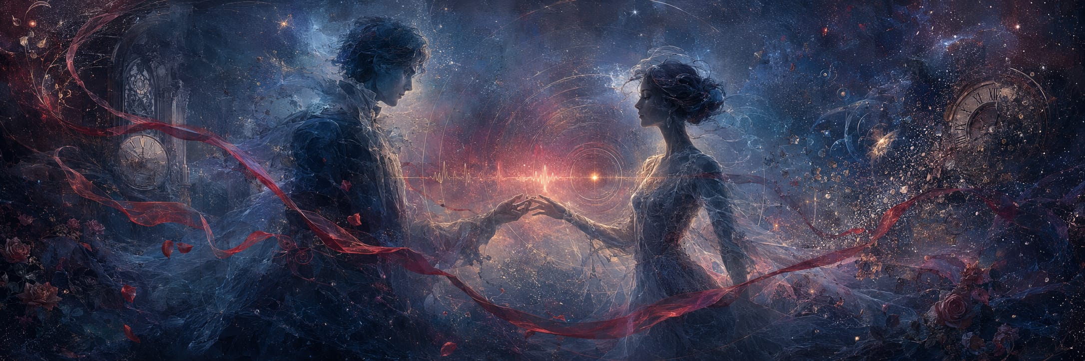 A man and woman face each other in a surreal, star-filled setting with red ribbons swirling around them.