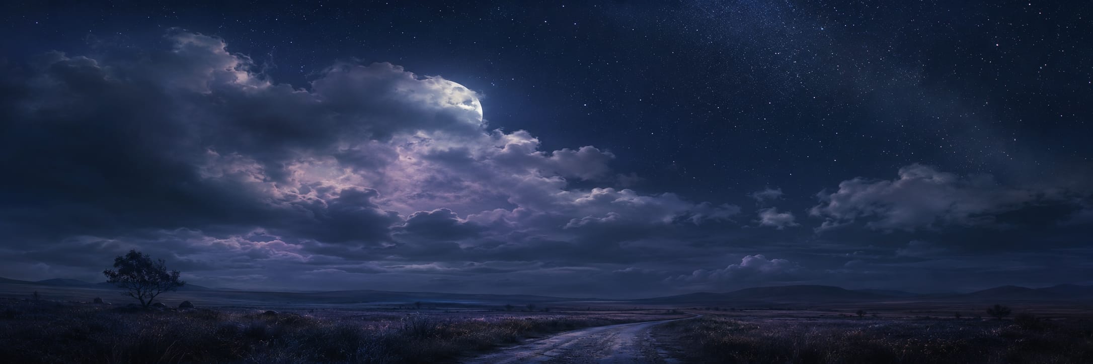 Moonlit sky with clouds and stars above a rural landscape, blending natural beauty with elements of chaos and quiet reflection.