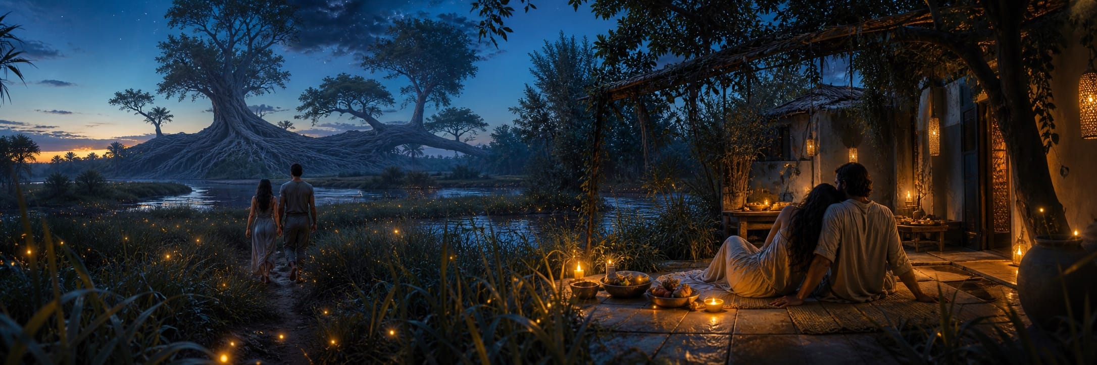 Two adults rest together beside a warmly lit garden dwelling beneath a vast living tree at blue evening.
