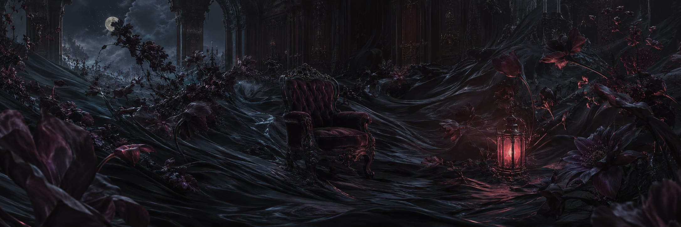 An ornate chair on wavy fabric with purple flowers and a glowing red lantern under a cloudy full moon in a surreal scene.