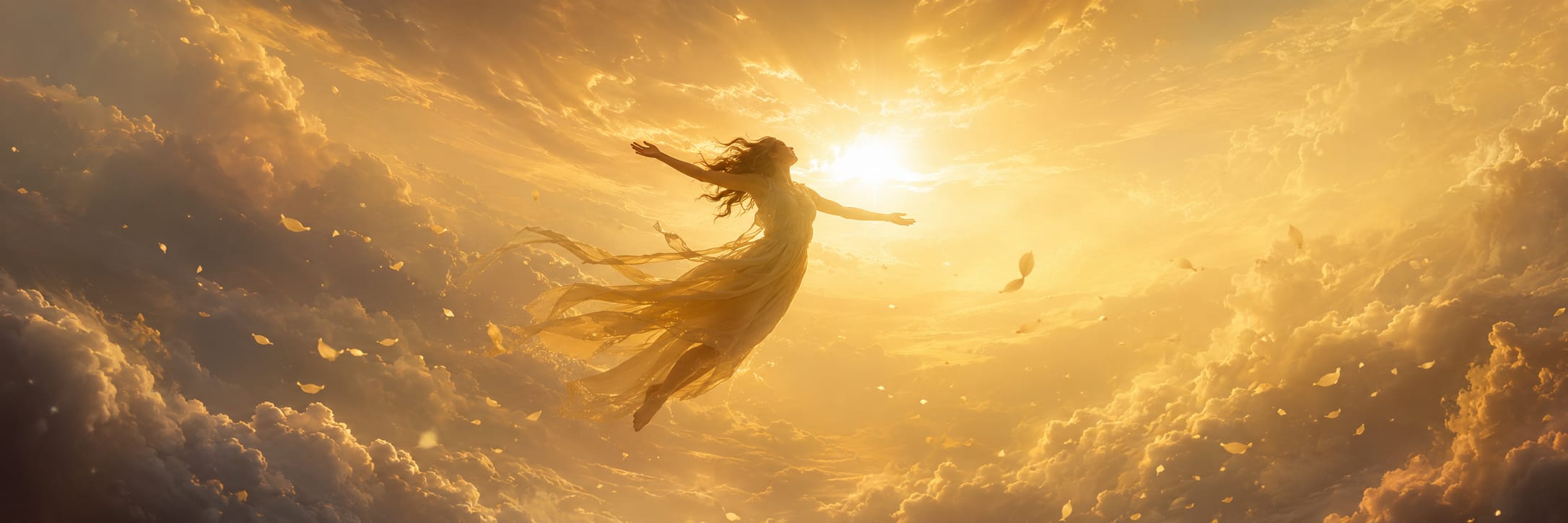 Woman in a flowing dress floats among golden clouds with arms outstretched, evoking a surreal scene of nature and reflection.