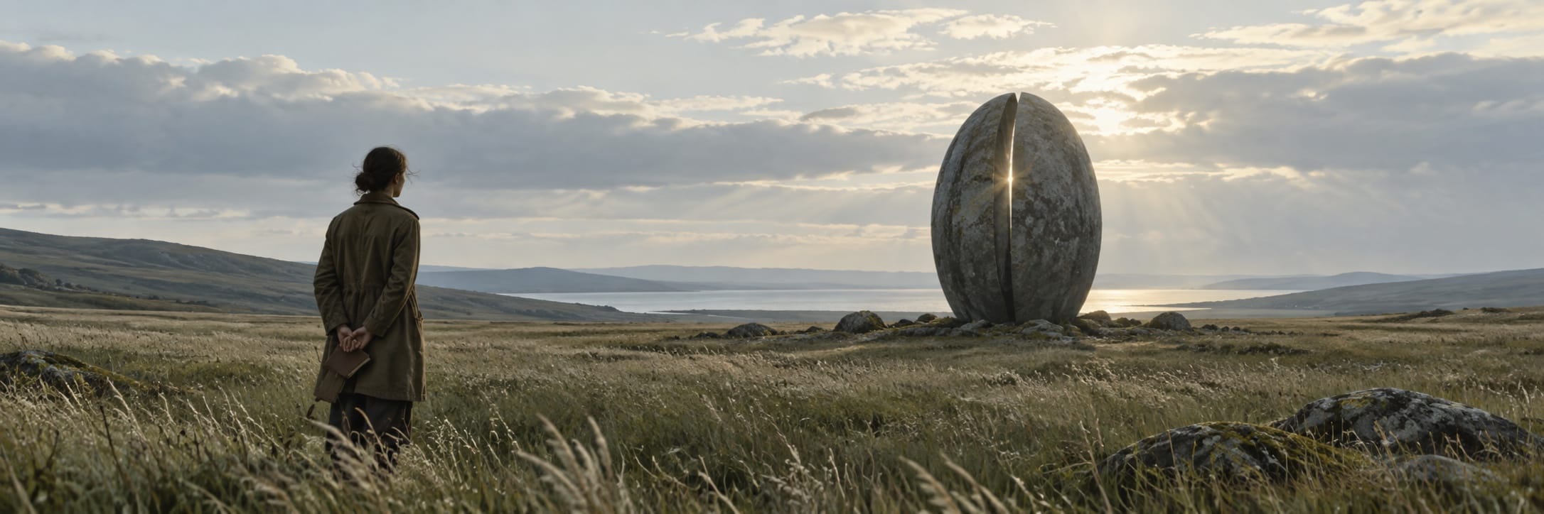 A person in a coat stands in a grassy field, looking at a large oval stone structure marked with satire and subversion.