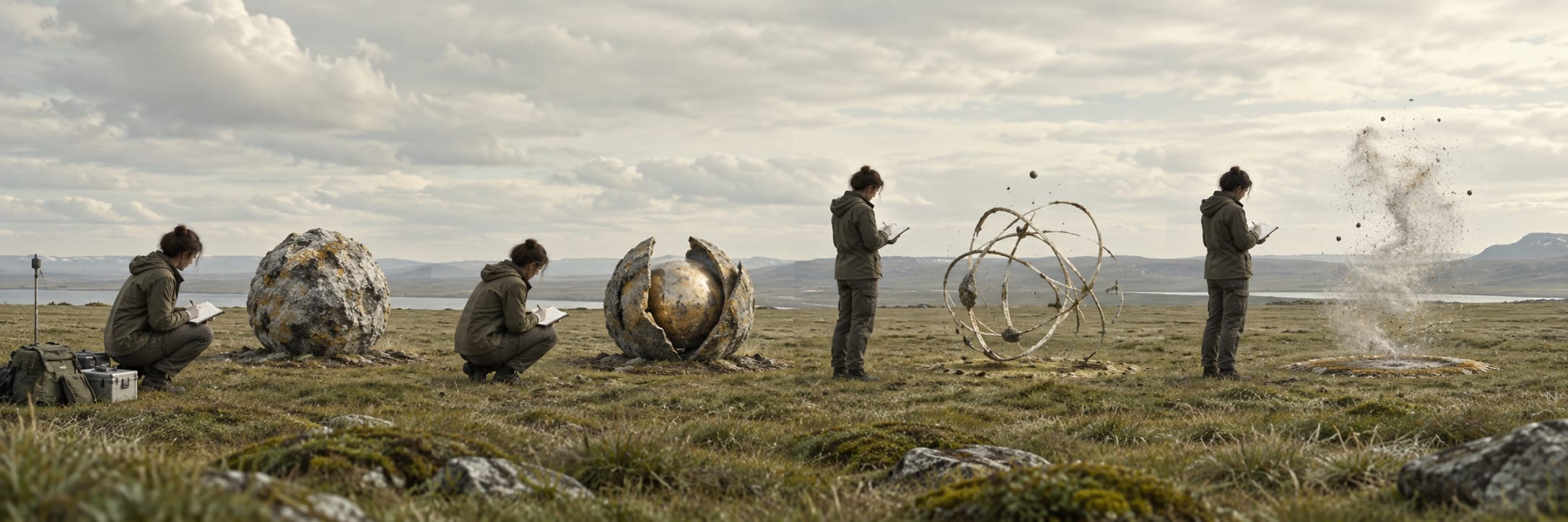A person observes and records a sphere slowly breaking apart in a cloudy, grassy field.