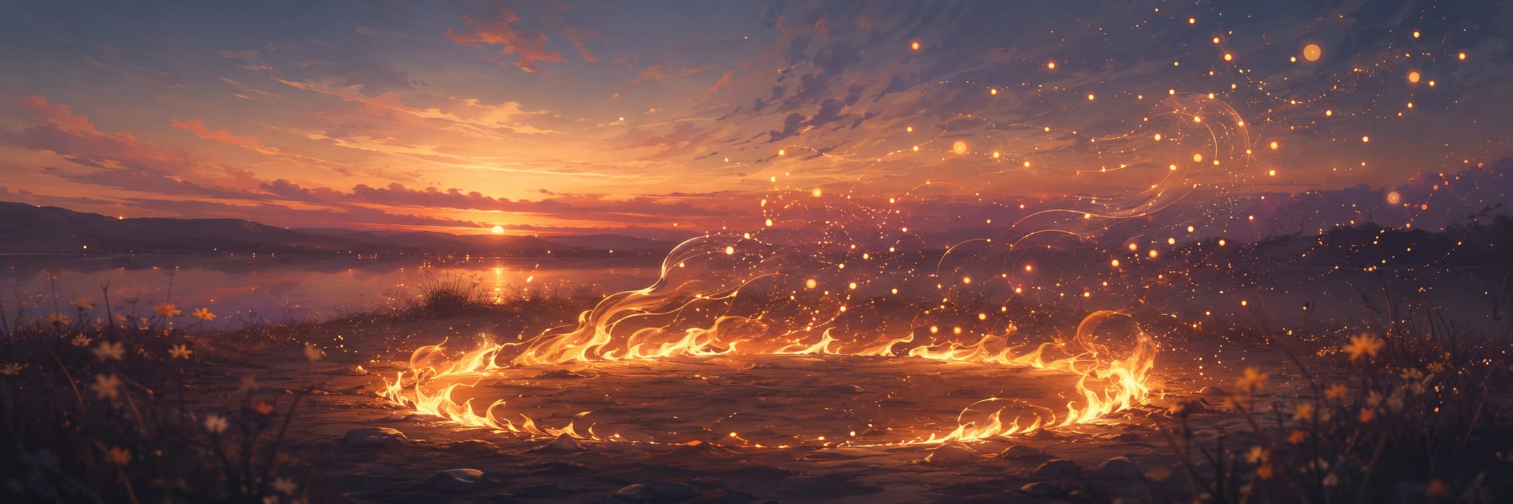 A glowing ring of fire burns at sunset, sparks rising into the sky above a calm lake, evoking nature and reflection.