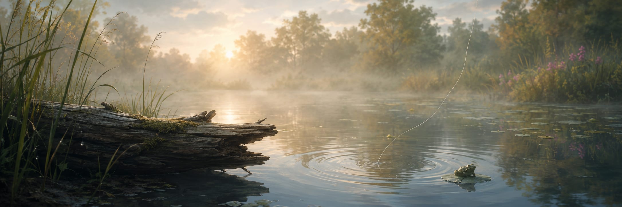 A frog sits on a log by a calm pond at sunrise, with mist, trees, and gentle ripples reflecting the tranquil scene.