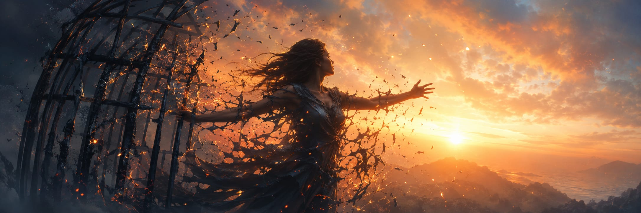 A woman escapes a crumbling cage at sunrise, leaving chaos behind under dramatic skies with distant mountains in view.