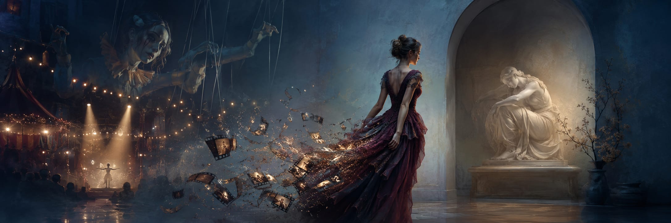 A woman in a flowing dress faces a glowing statue as shadows lurk near a puppet show beneath string lights.