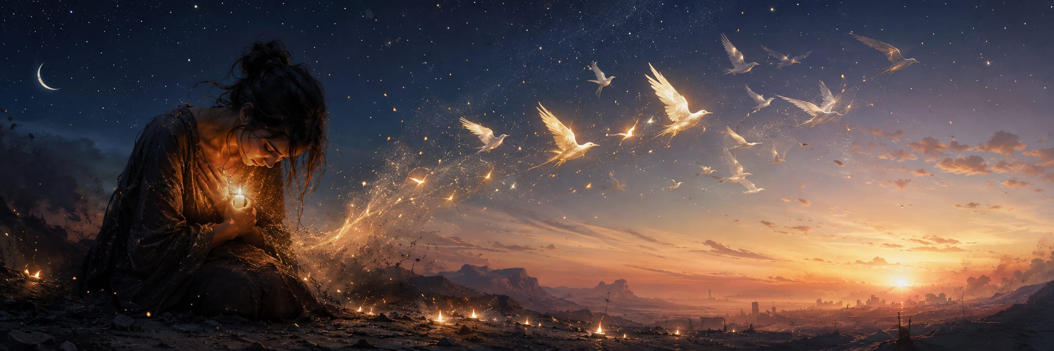 A kneeling woman holds a glowing light as white birds emerge from her chest, illuminating a landscape at sunset.
