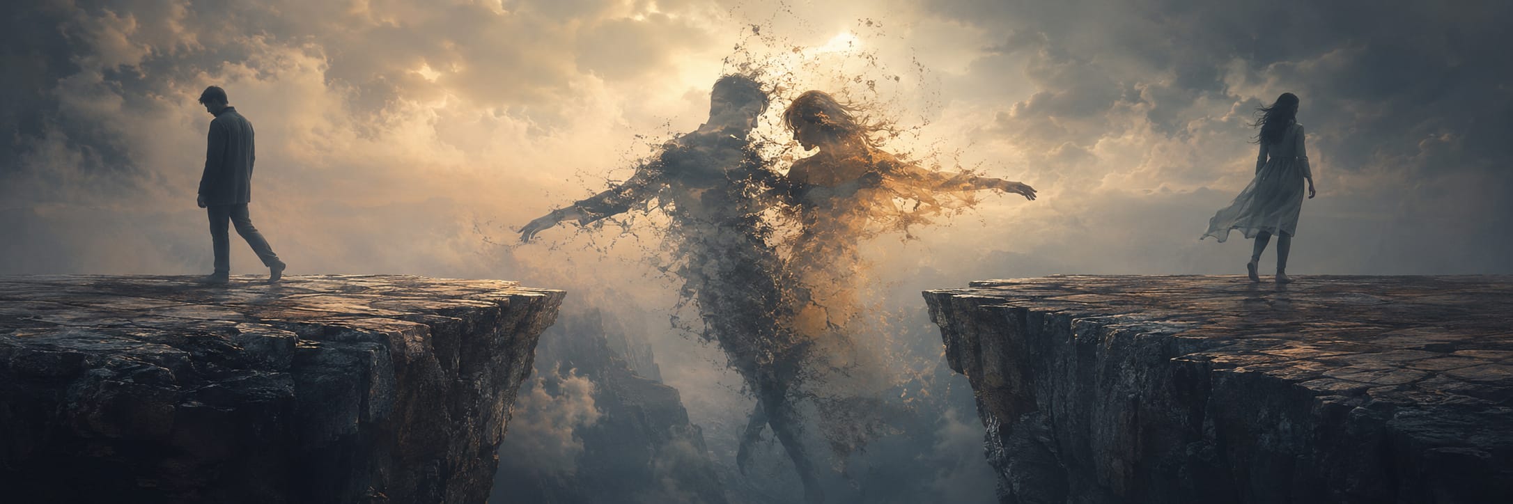 Two figures walk away on separate cliffs as their shadowy reflections dissolve in nature, with clouds filling the sky.