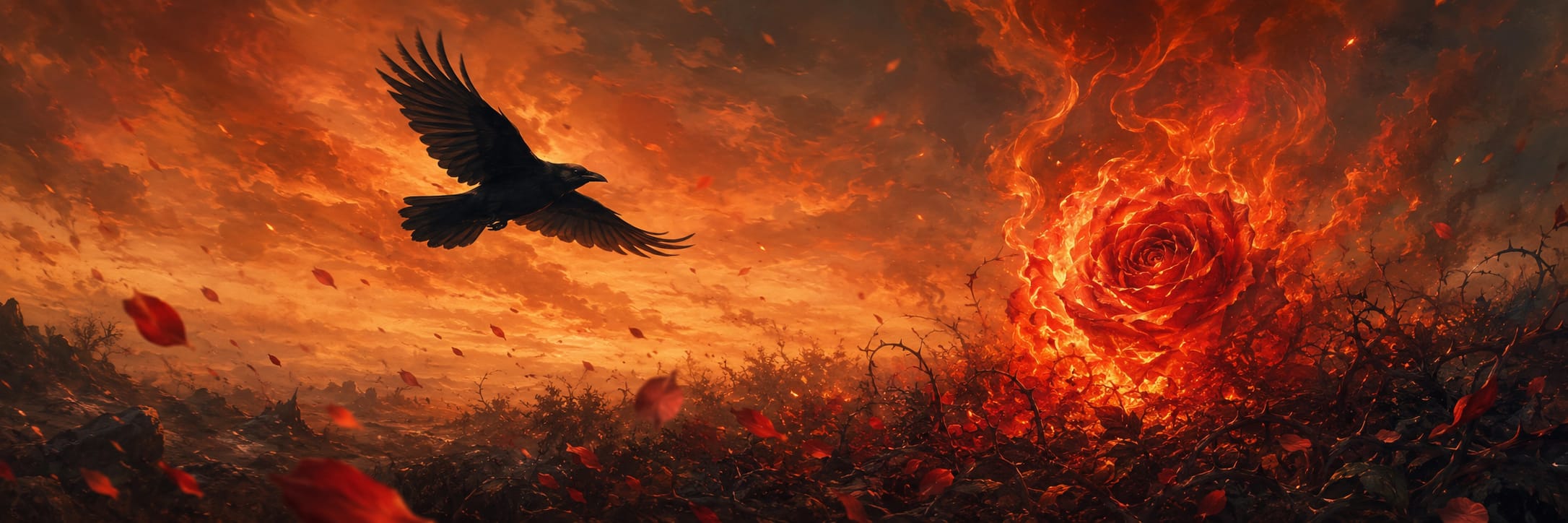 A black bird hovers near a fiery rose-shaped vortex in an orange sky above thorny bushes and scattered petals.