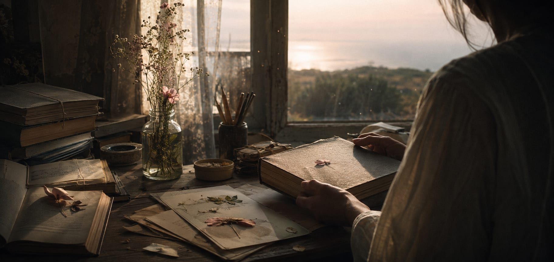 A person at a wooden desk, surrounded by books and dried flowers, looks out at a sunlit landscape with a strong, spirited expression.