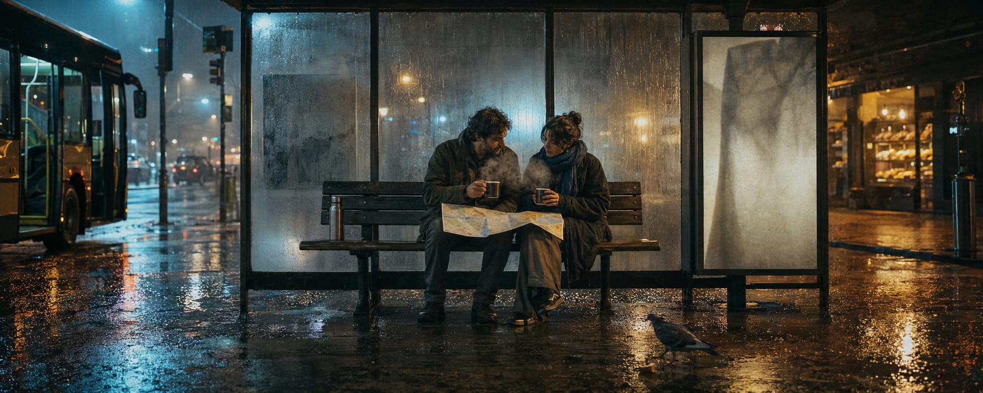 Two people sit at a rainy night bus stop, sharing mugs and reflecting as city lights and a passing bus glow in the background.