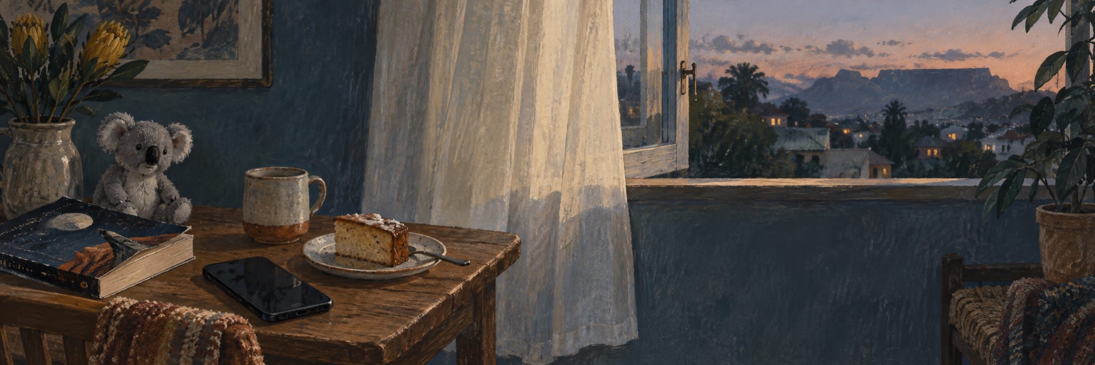 A small koala toy, a closed book, a silent phone and cake sit on a wooden table beside an open window at dusk.