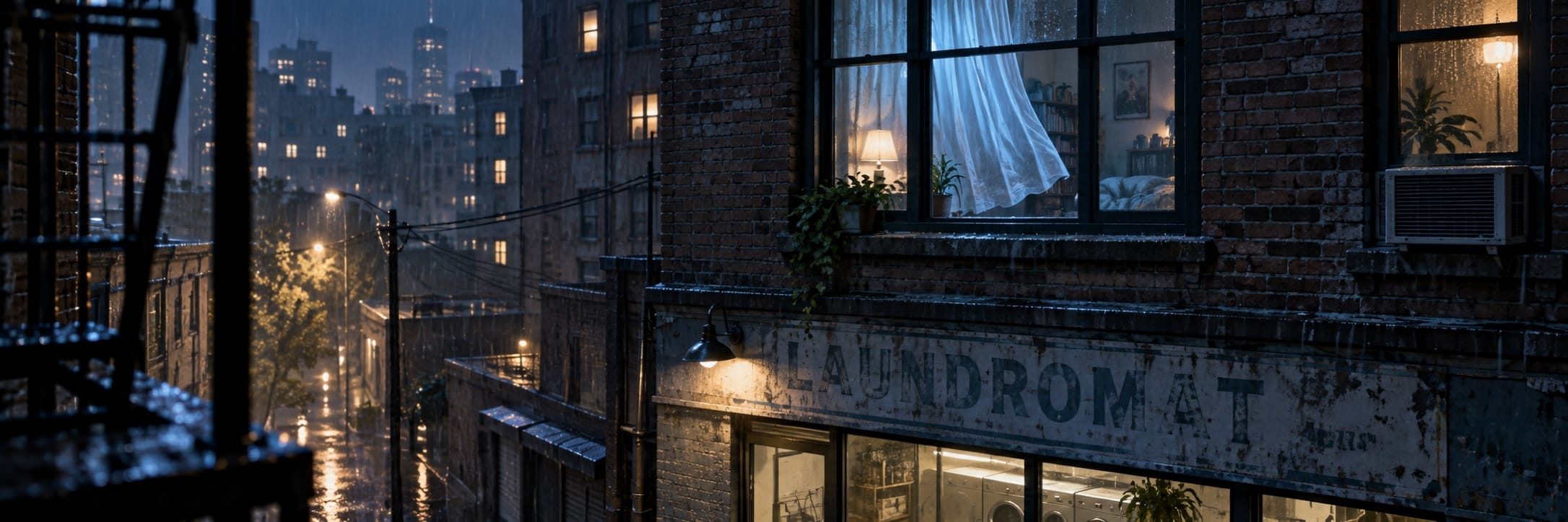A blue-lit fourth-floor window looks across a rain-dark alley above a half-faded laundromat sign.