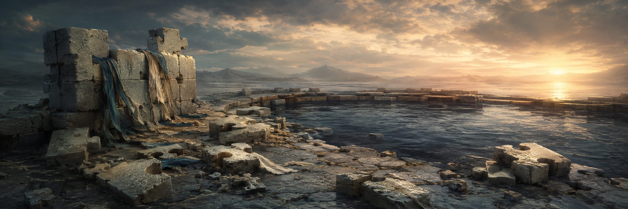 Ruined stone structure and tattered cloth by a water pool at sunset, with mountains and a cloudy sky in the background.