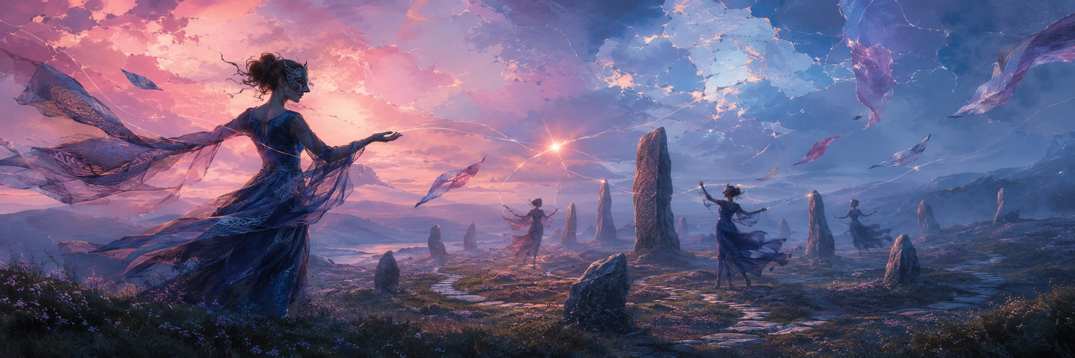Silhouetted figures in flowing gowns stand by stone pillars, banners swirling beneath a colorful, chaotic sky.