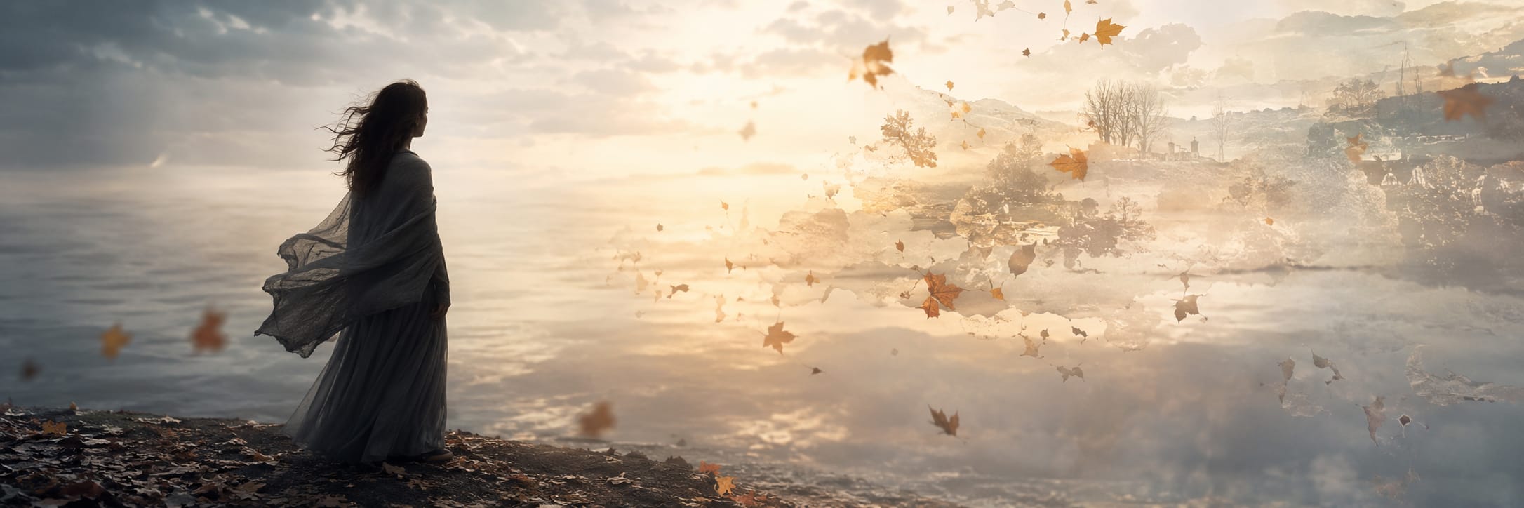 A person in a flowing dress stands by water at sunset, autumn leaves swirling, creating a scene of nature and reflection.
