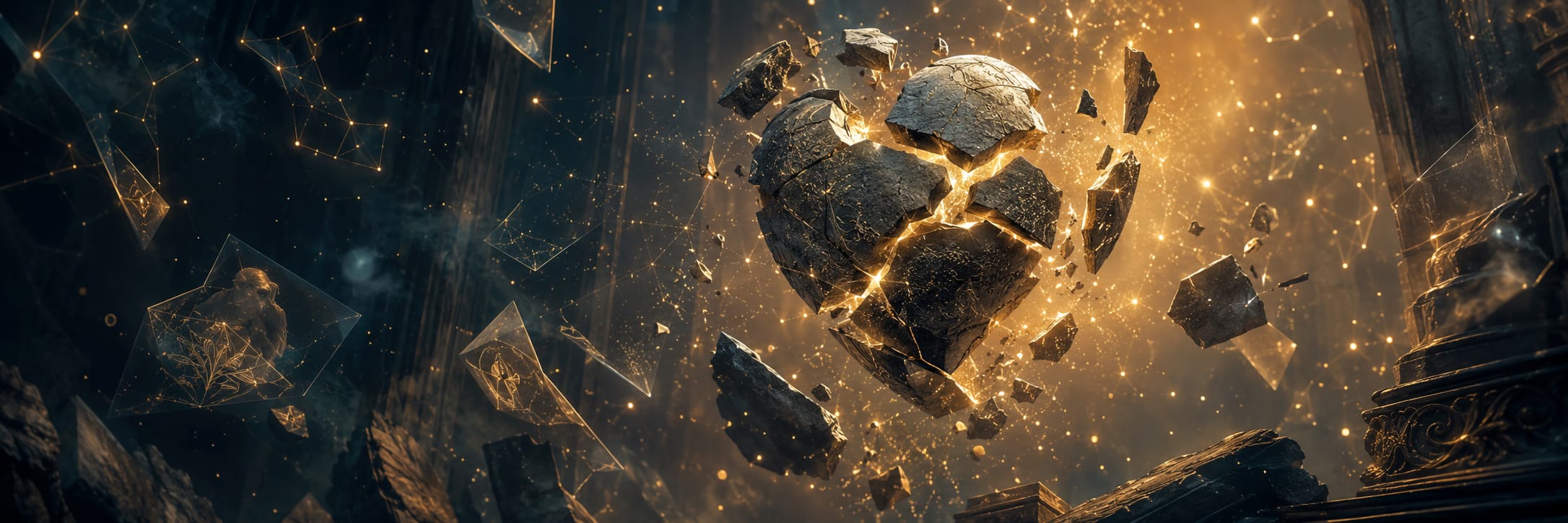 A glowing stone heart breaks apart midair, surrounded by swirling chaos and golden light in an ornate setting.
