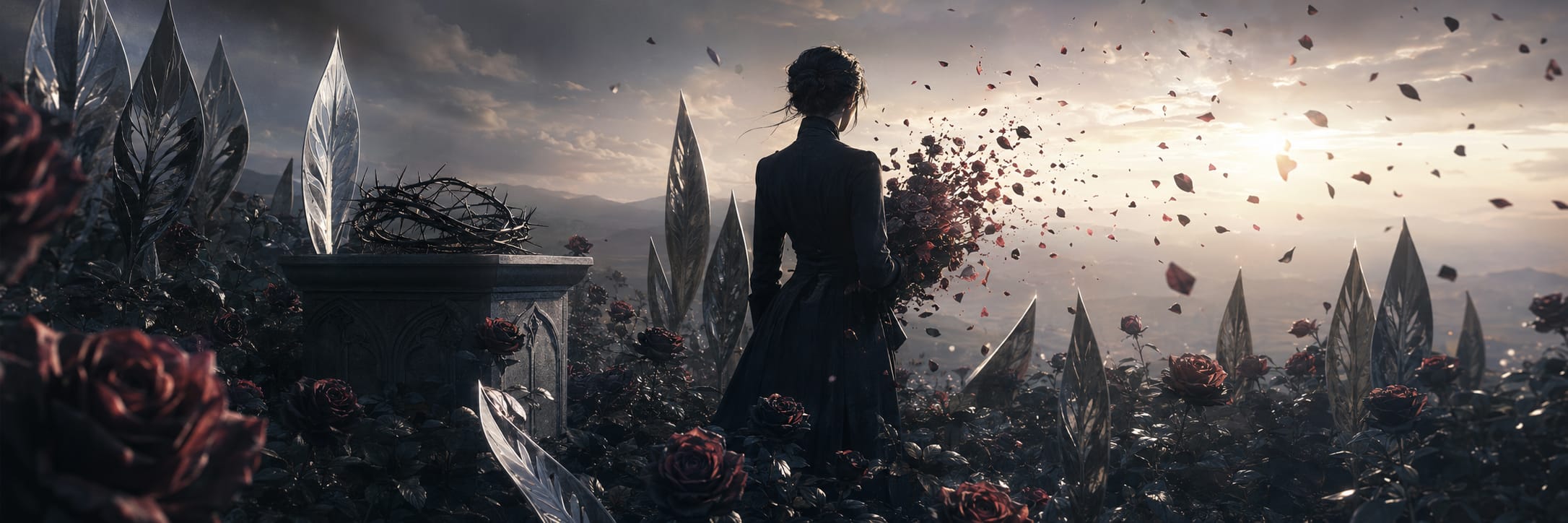 A woman in a dark dress stands among roses and crystals, holding surreal flowers that become petals at sunset.