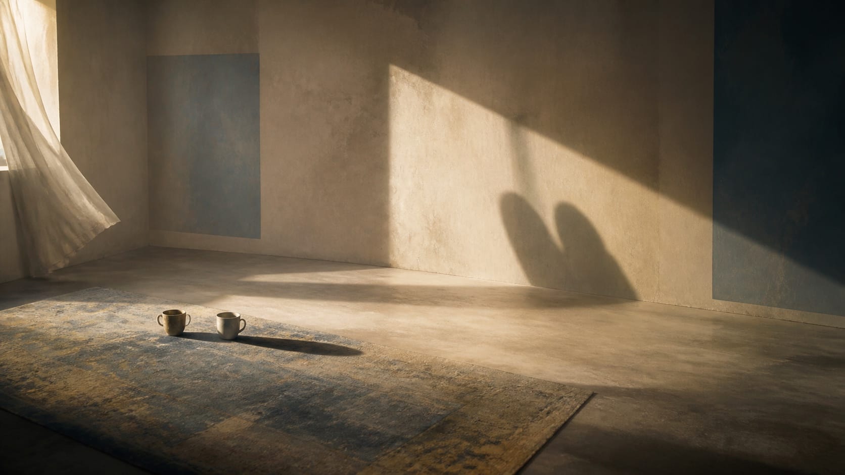 Two overlapping shadows and two cups leave a quiet room leaning towards an absent weight.