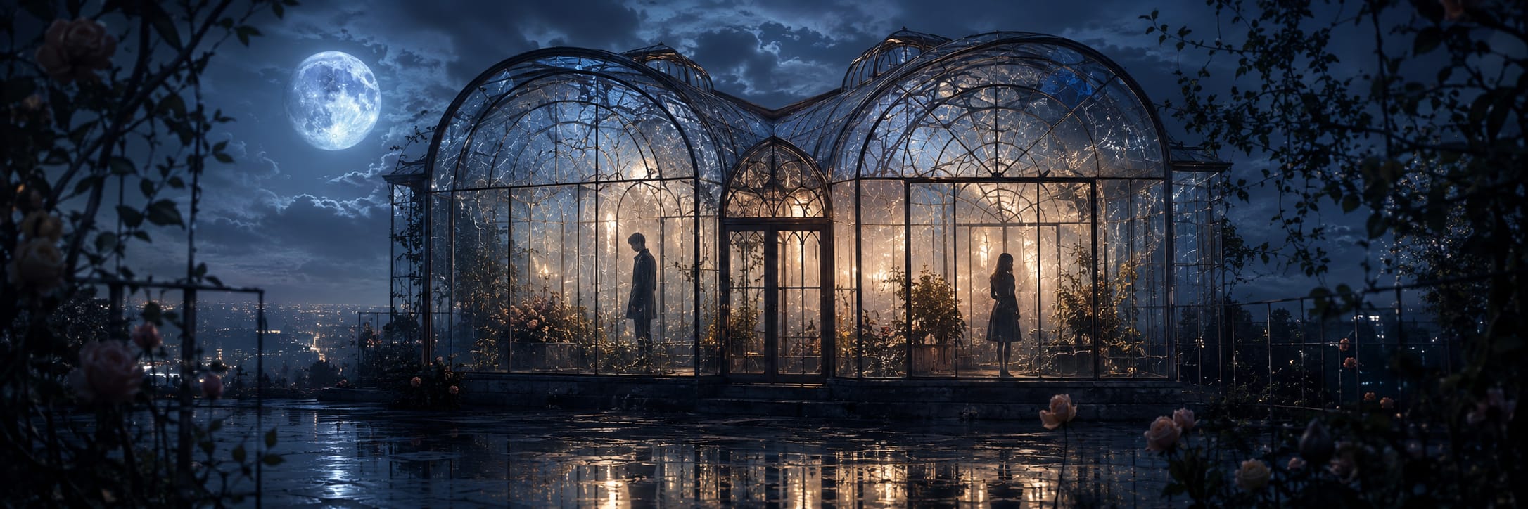 Two people stand inside a glass greenhouse at night, surrounded by warm lights and soft reflections from the outside.