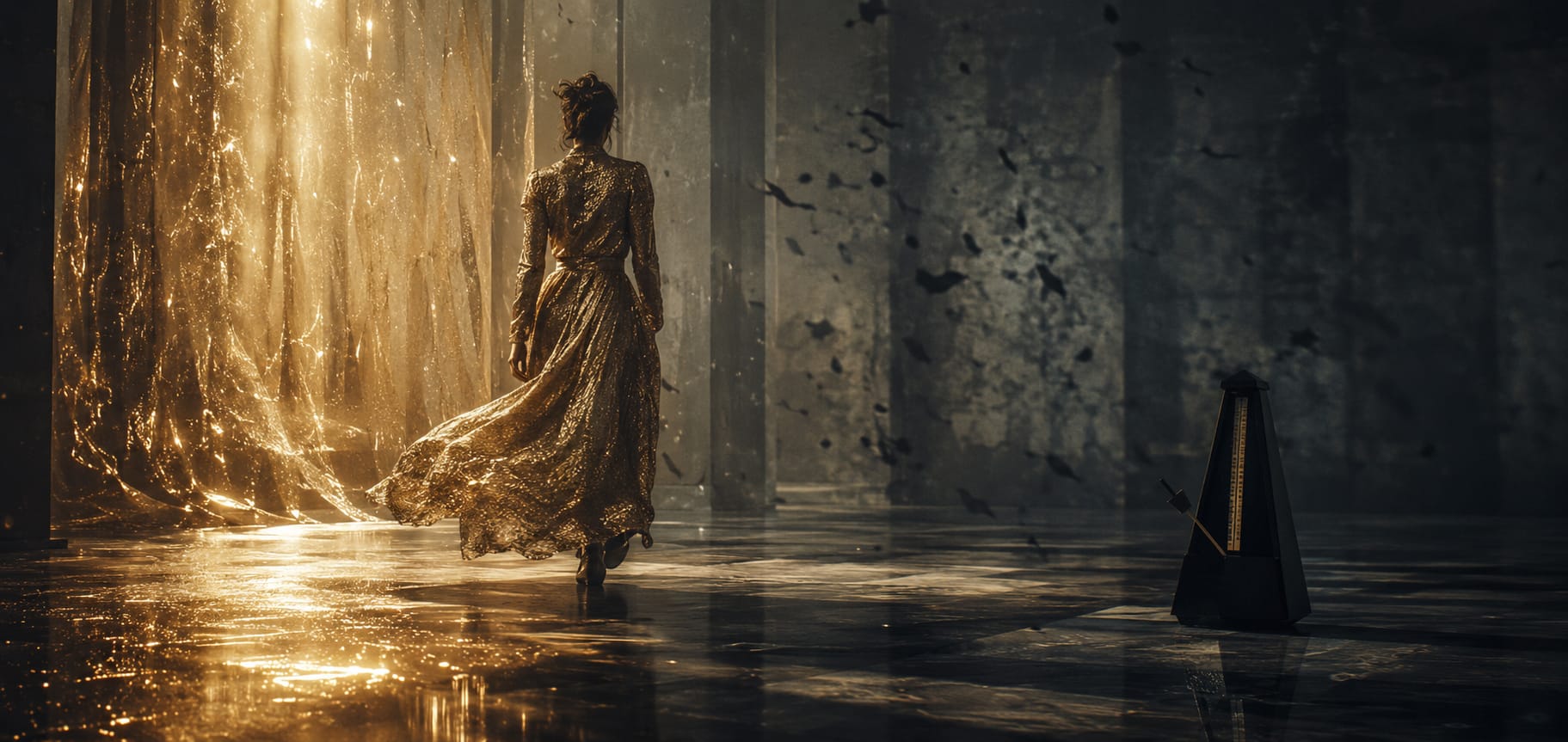A person in a gold dress walks toward glowing curtains in a marble room, symbolizing strength and spirit.