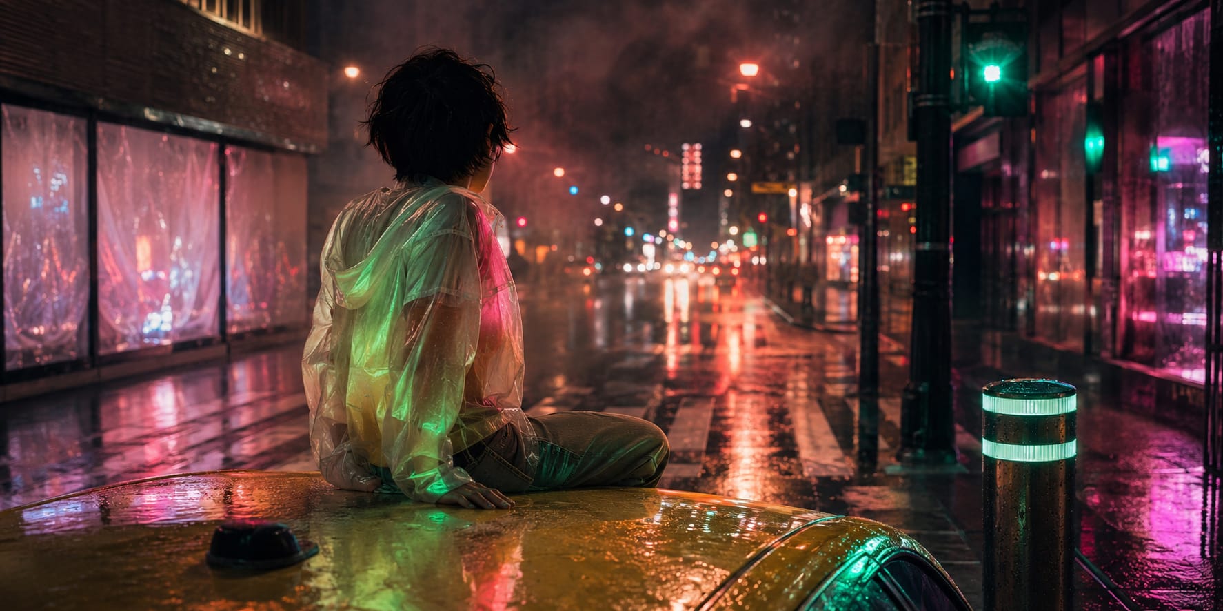 A person in a raincoat stands on a car roof at night, looking out over neon-lit streets and blurred reflections.