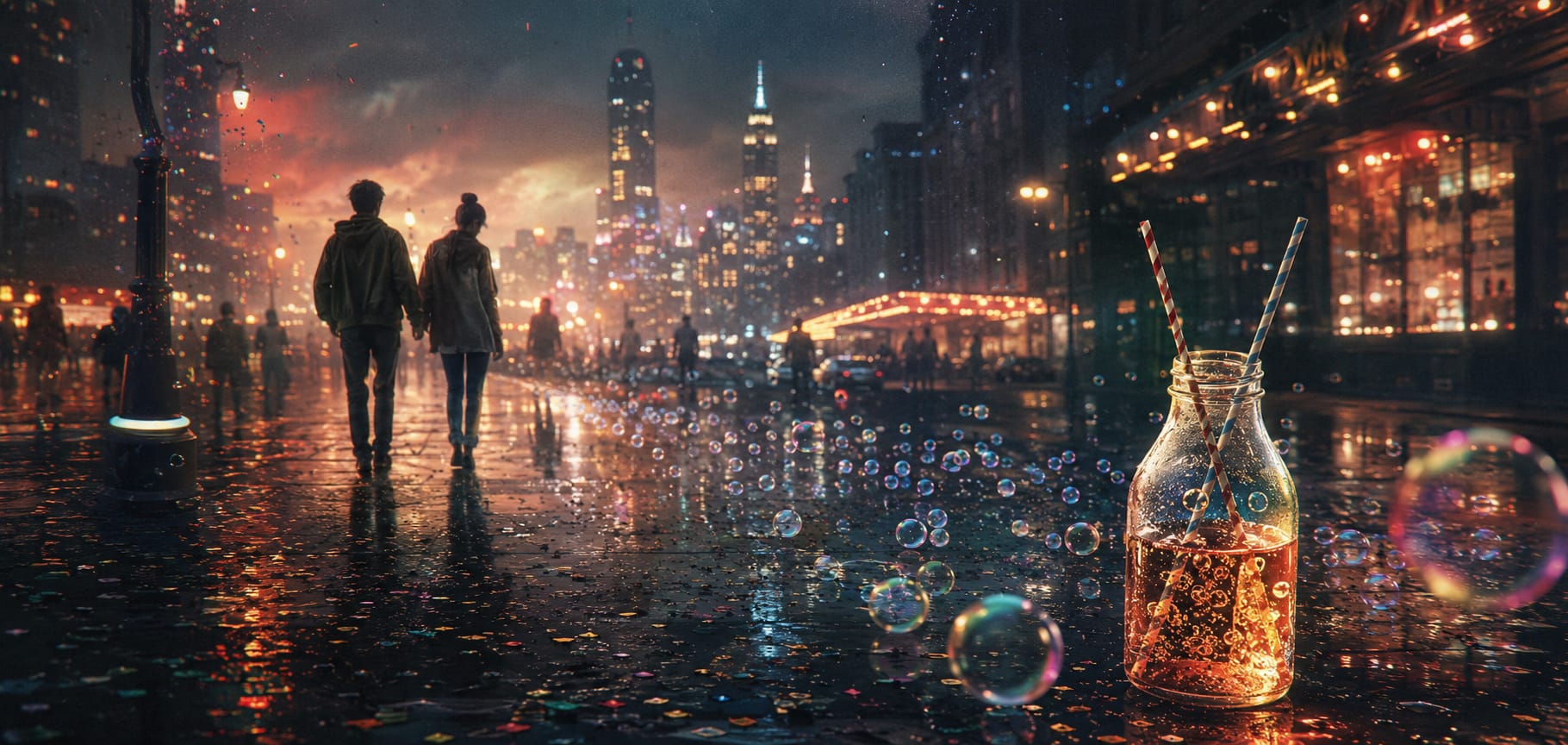 Two people walking on a wet city street at night, carrying a glowing jar with straws and bubbles.