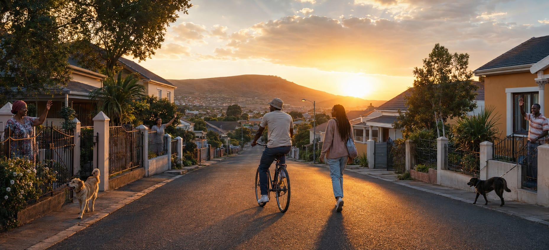 A man rides a bike as a woman walks beside him on a leafy street at sunset, surrounded by nature in a peaceful evening scene.