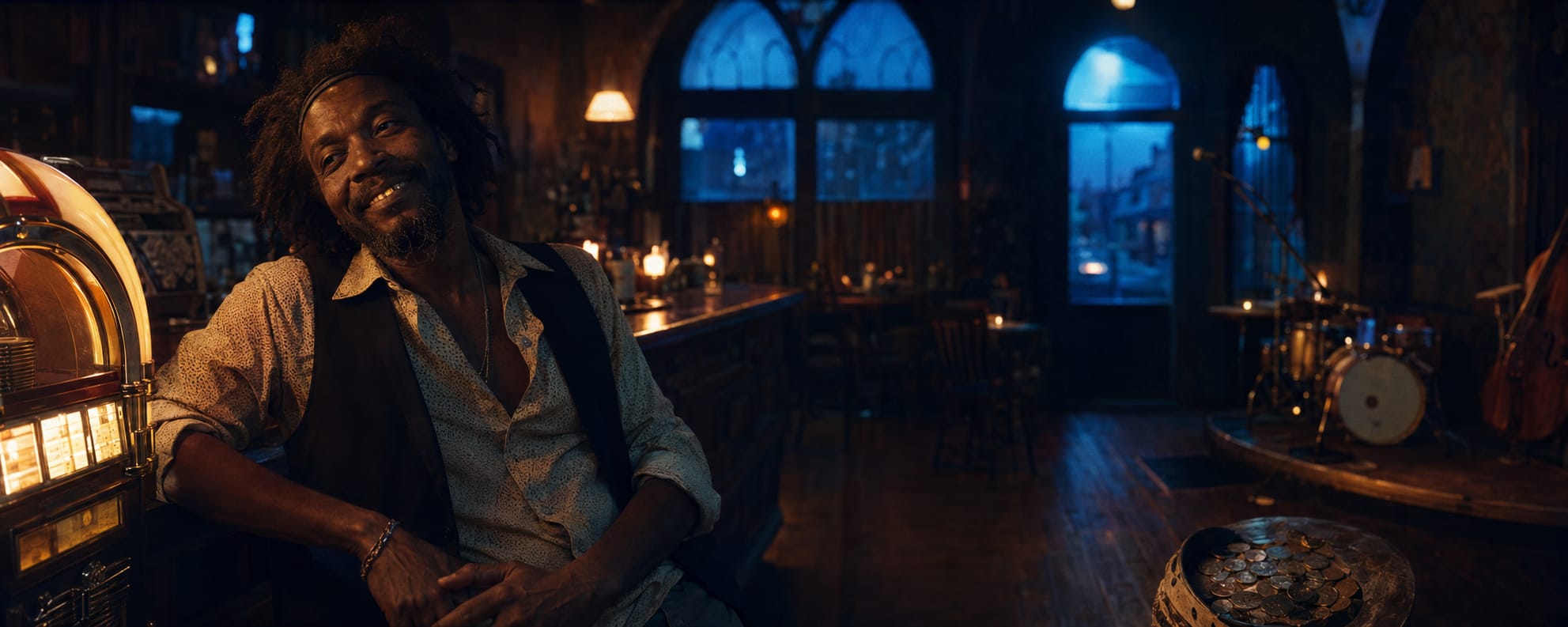 A man smiles at a bar beside a jukebox in a surreal room filled with unusual instruments and tables.