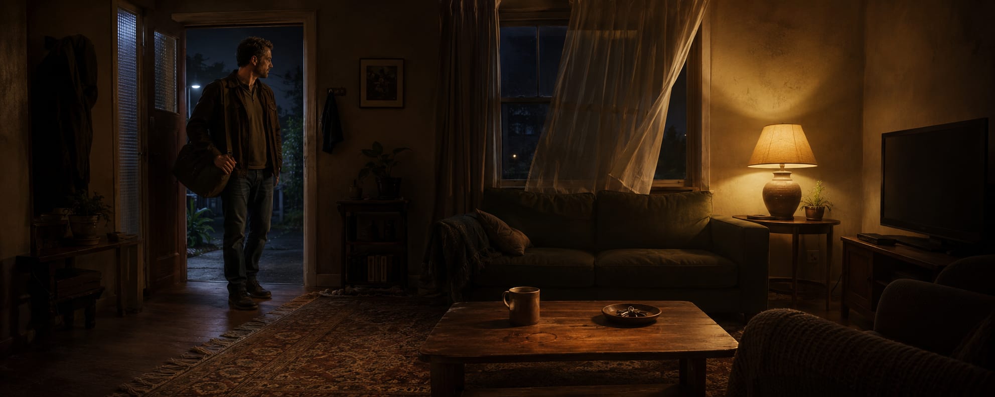 A man with a bag stands in the doorway of a chaotic living room with a sofa, lamp, coffee table, and TV.