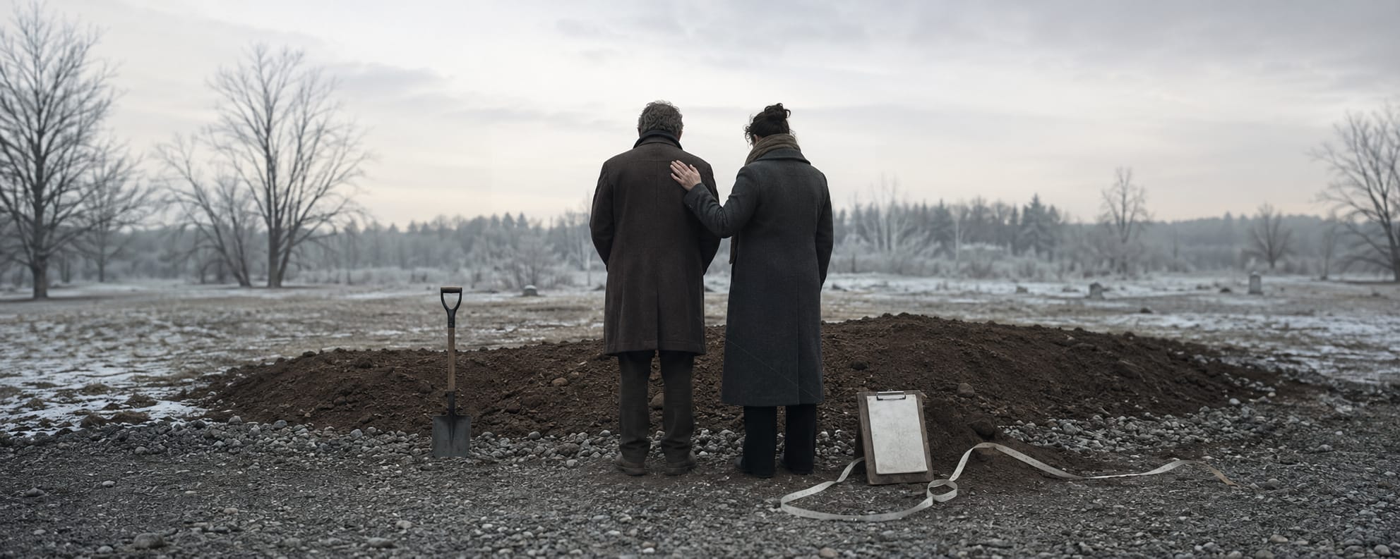 Two people stand by a fresh grave on a cold, overcast day with a shovel and stretcher nearby.