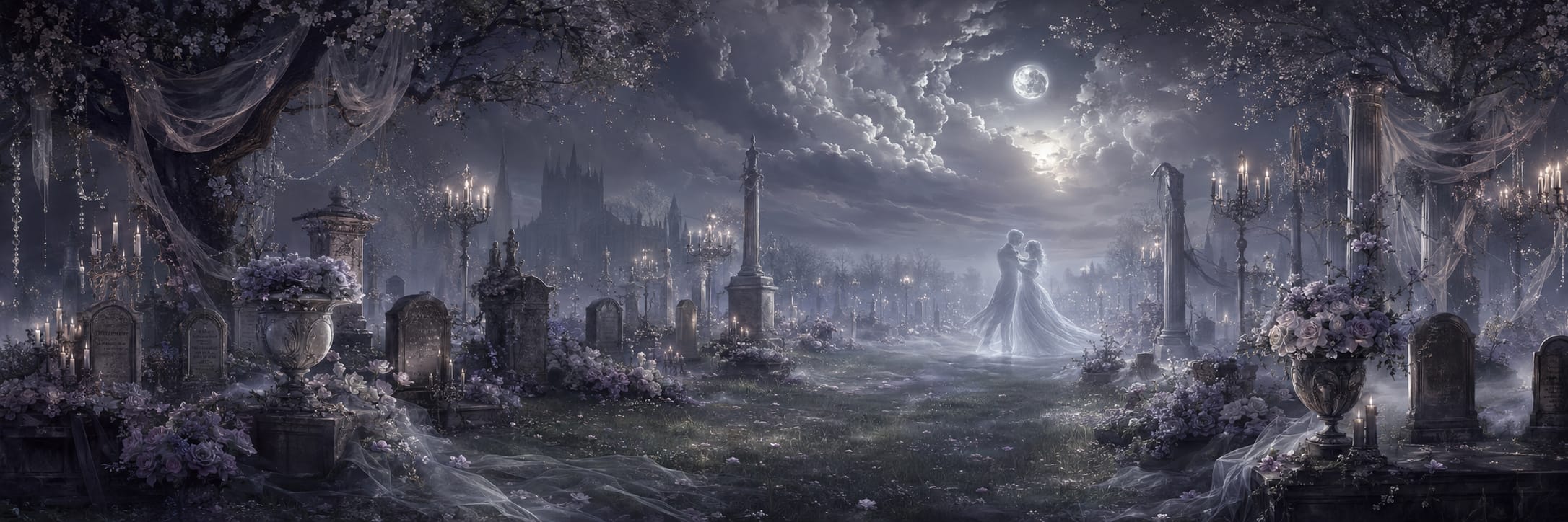 A ghostly couple dances in a surreal, flower-filled cemetery as chaos stirs near gravestones and a distant castle looms.