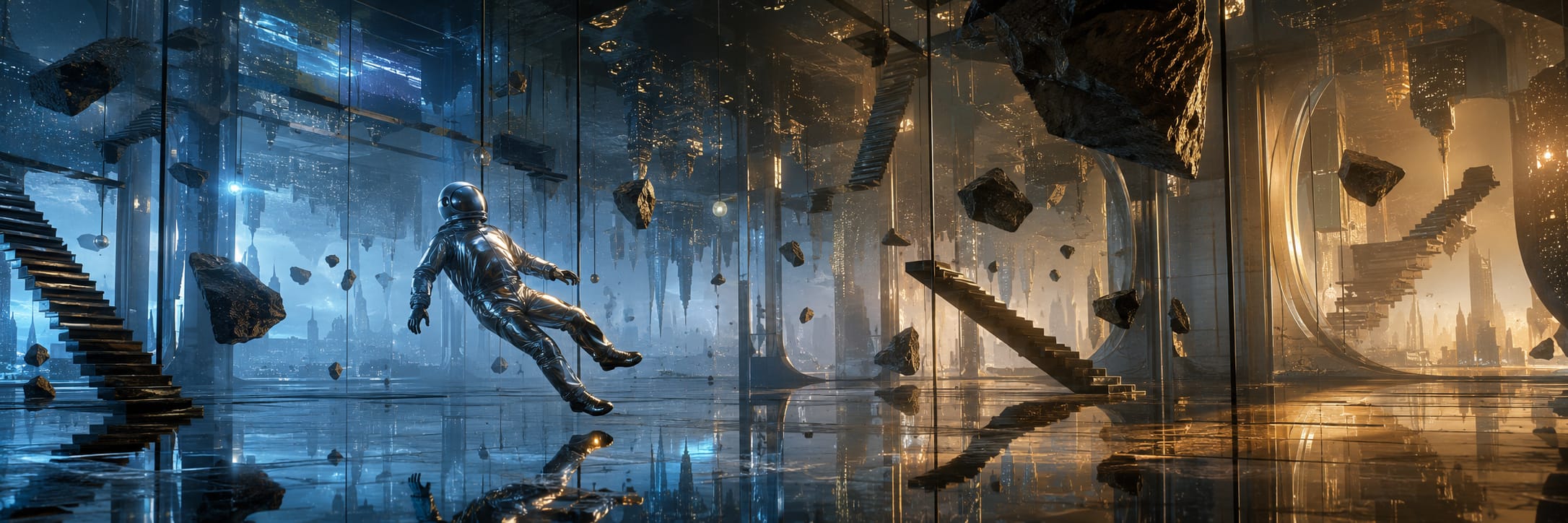 A surreal astronaut floats in a reflective futuristic hall with rocks and staircases illuminated in blue and gold.