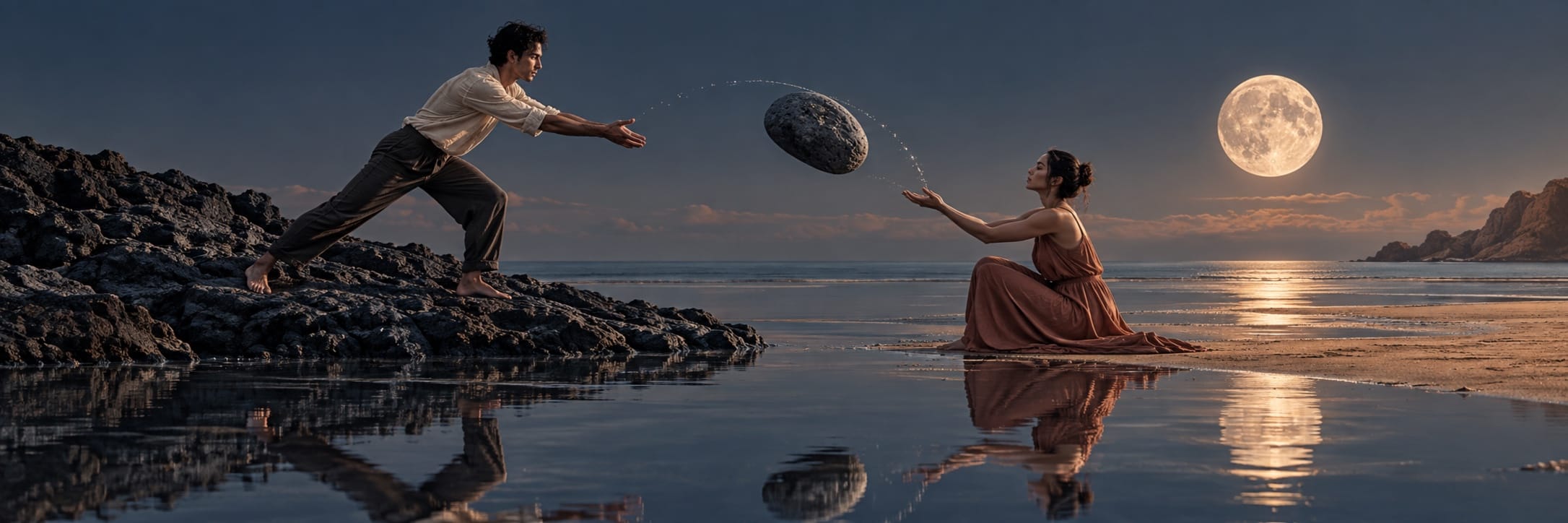 A man and woman pass a large rock over water at sunset, symbolizing strength and spirit beneath a full moon.