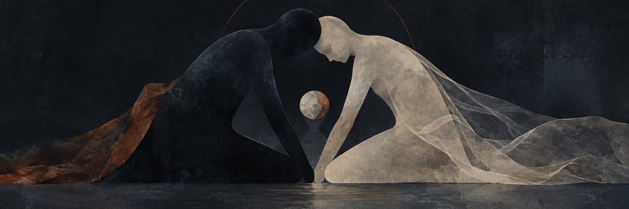 Two surreal kneeling figures face a sphere between them.