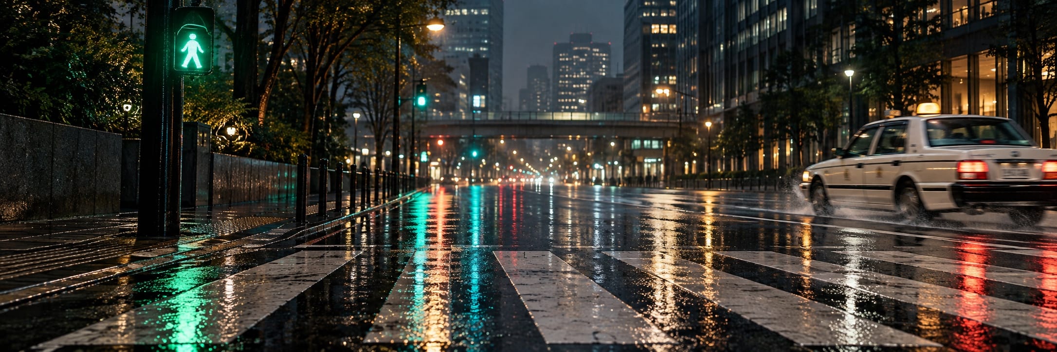 A green pedestrian signal reflects across a wet city crossing as a white taxi passes at night.