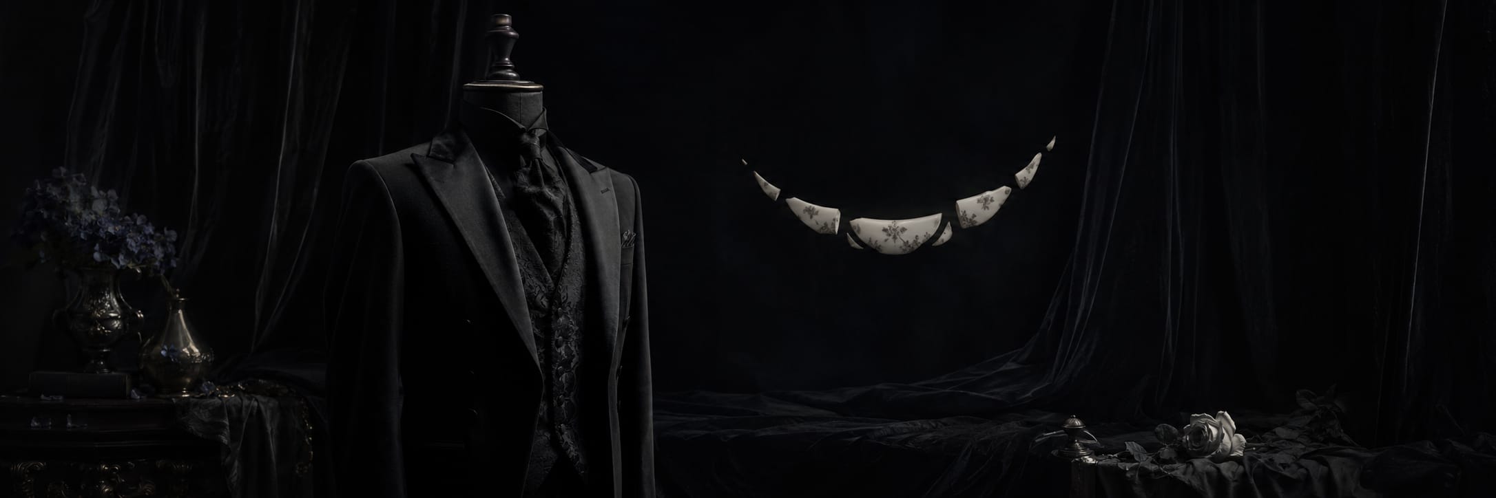 A black suit on a mannequin at left; a surreal necklace floats center, surrounded by flowers.