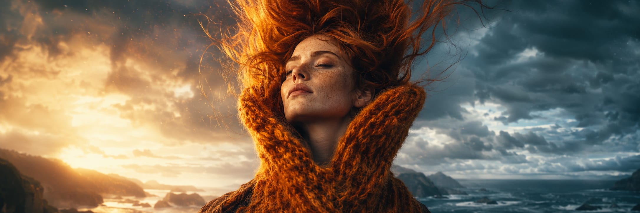 Red-haired woman in orange scarf stands outdoors with eyes closed, ocean and swirling clouds in the background.