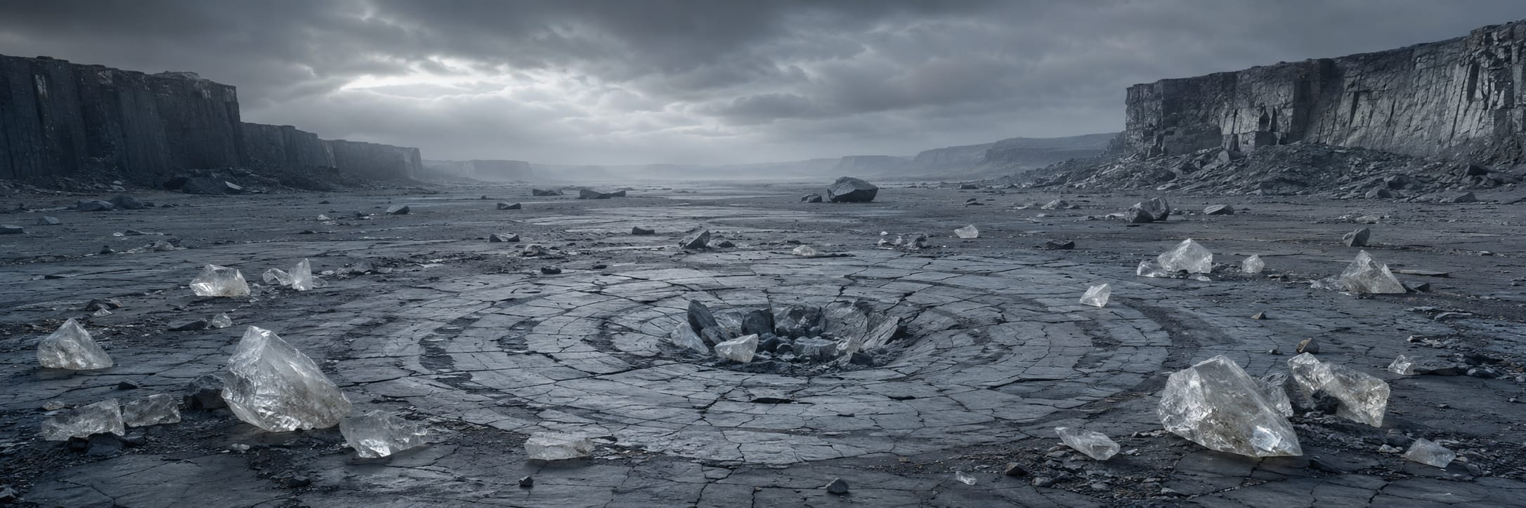 A cracked, barren landscape with crystal shards encircling a crater, set against cliffs and cloudy skies.