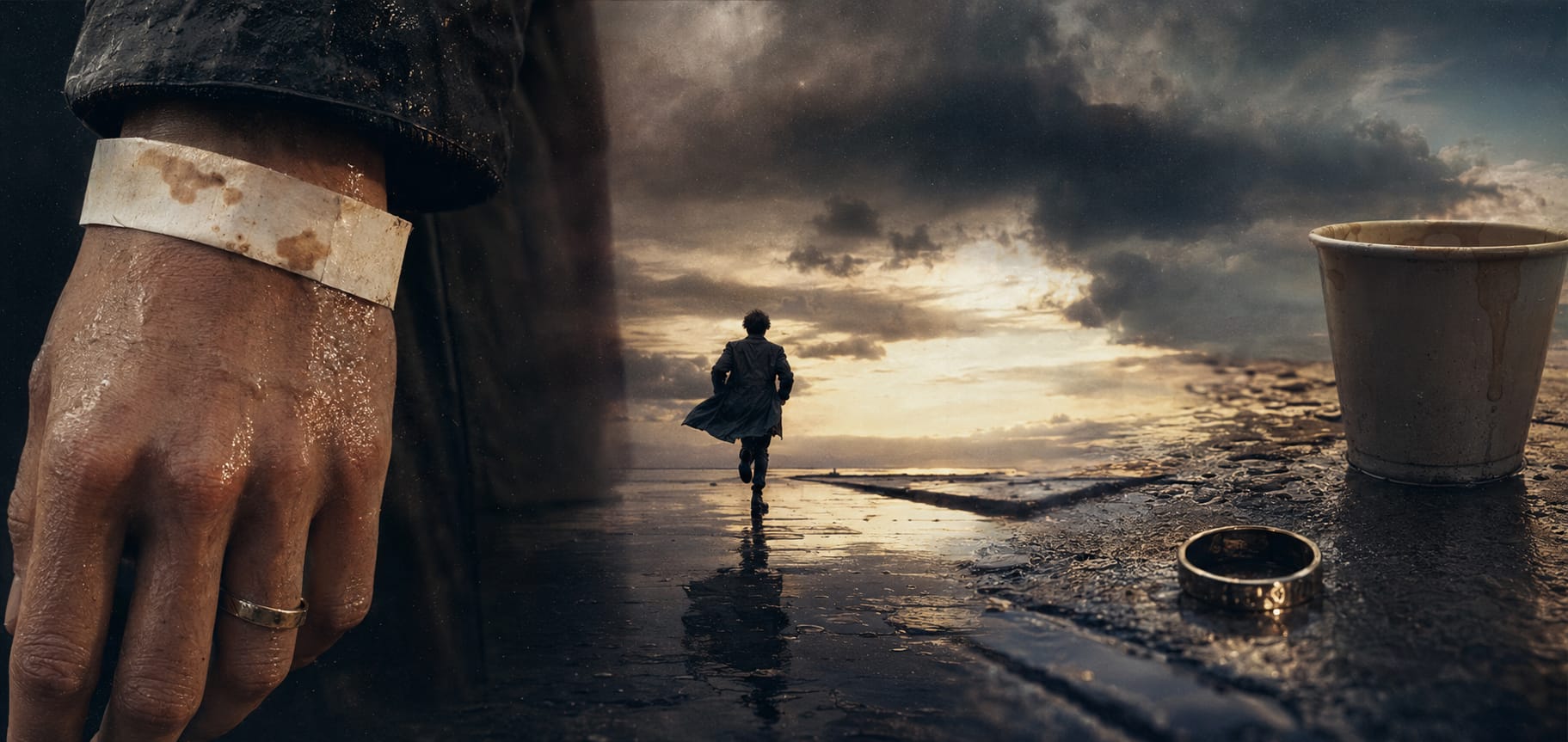 A hand with a hospital wristband, a runner on wet ground, a coffee cup, and a ring beneath cloudy skies.