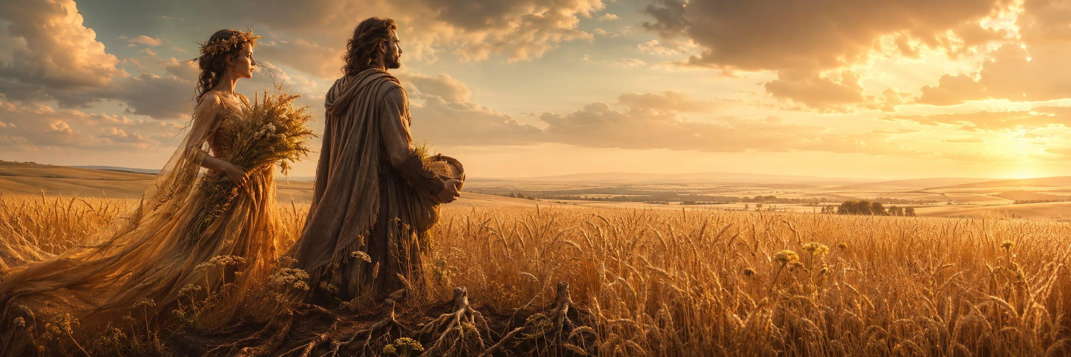 Two people in flowing clothing stand in a wheat field at sunset, gazing toward the horizon.
