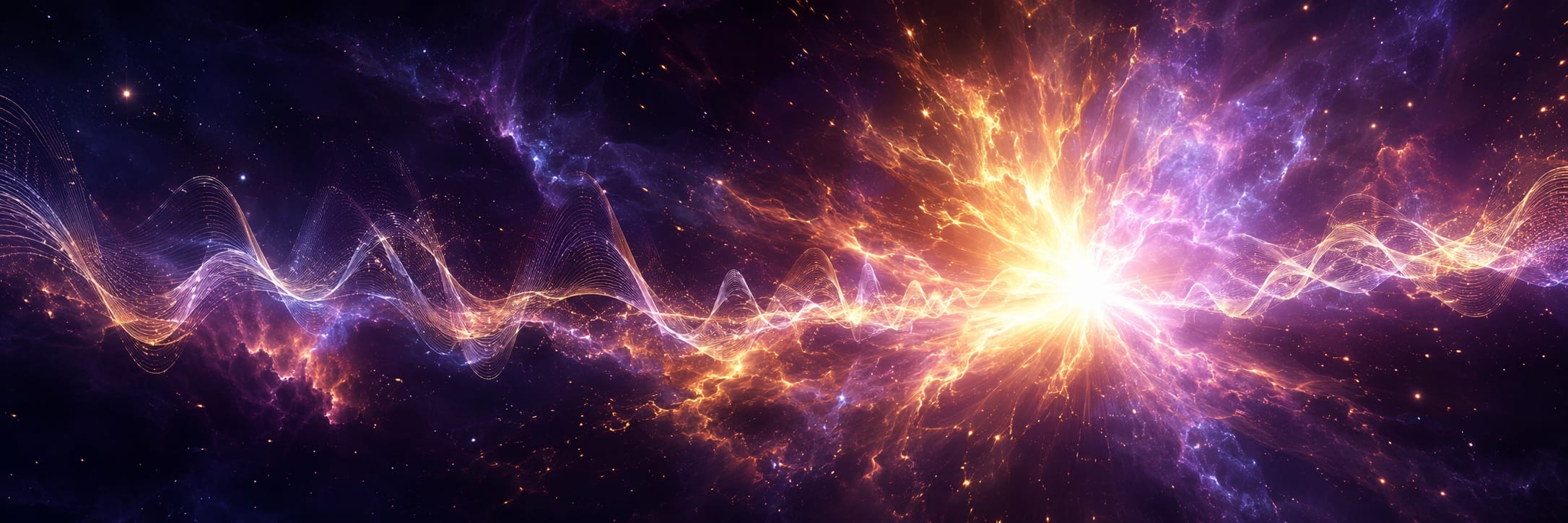 A glowing burst of light with surreal purple and orange energy waves amid a cosmic scene.
