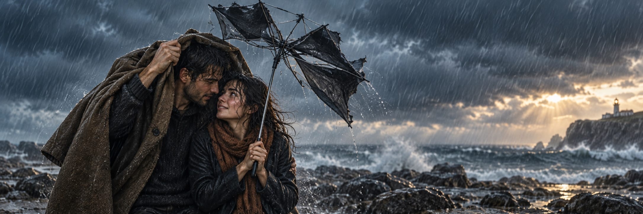 Two people shelter under a torn umbrella as waves crash on a rocky coast, with a lighthouse visible in the distance.