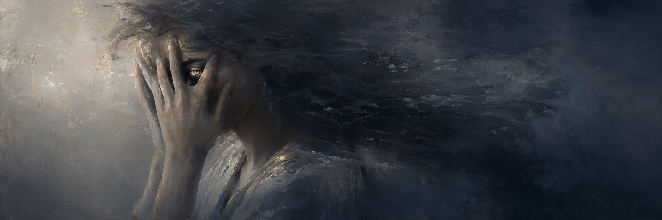 A person partly covers their face with one hand, hair tousled, set against a smoky abstract background suggesting satire and subversion.
