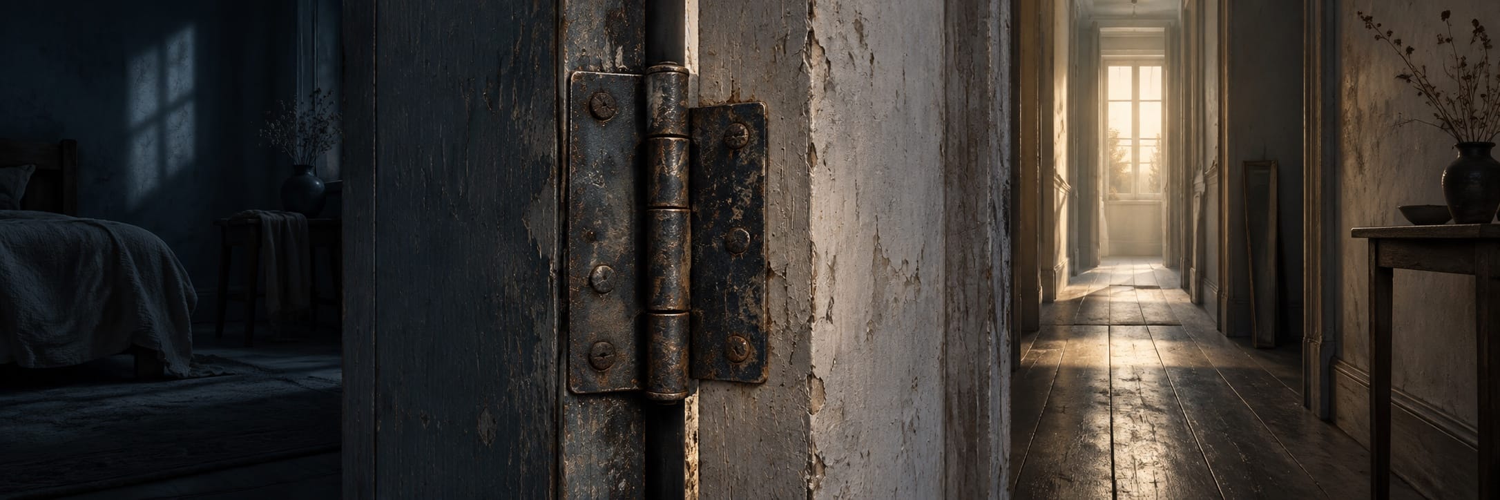 Close-up of a surreal door hinge dividing a bedroom on the left from a fantastical hallway and vase on the right.
